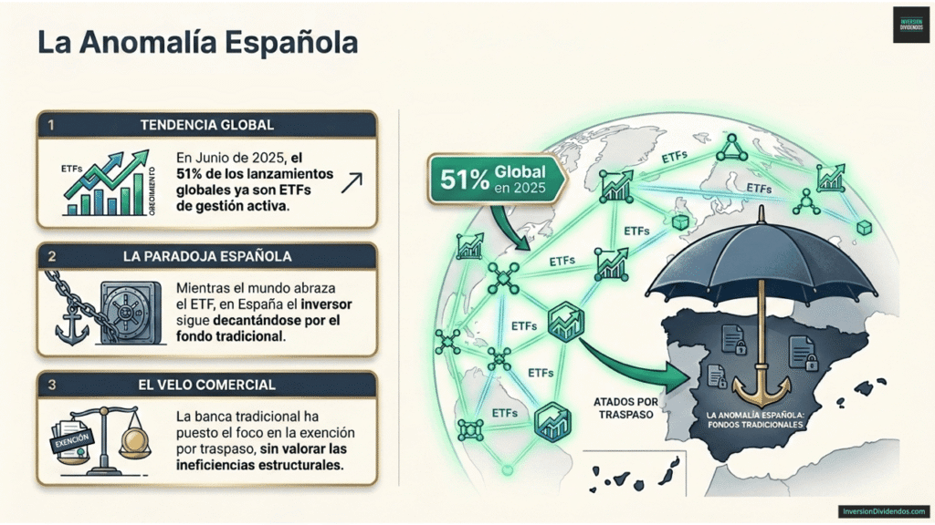 Infografía titulada 'La Anomalía Española' que analiza la situación de los ETFs frente a los fondos en España. Se divide en tres bloques: 1) Tendencia Global, destacando que el 51% de los lanzamientos ya son ETFs activos. 2) La Paradoja Española, donde el inversor sigue prefiriendo el fondo tradicional. 3) El Velo Comercial, señalando que la banca prioriza la exención por traspaso. La imagen muestra un mapa de España anclado a fondos tradicionales bajo un paraguas, contrastando con una red global de nodos de inversión en ETFs.