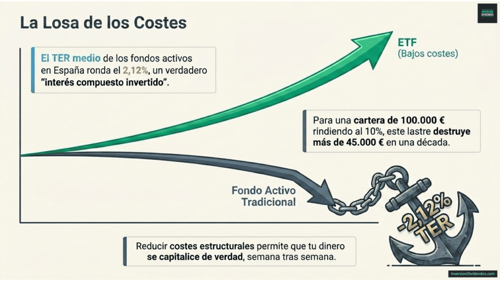 Infografía titulada 'La Losa de los Costes' que muestra una gráfica comparativa del crecimiento de una inversión a largo plazo. Una curva verde ascendente representa al ETF de bajos costes, mientras que una curva oscura descendente representa al Fondo Activo Tradicional, arrastrada por un ancla pesada con la inscripción '-2,12% TER'. El texto explica que este lastre fiscal medio en España destruye más de 45.000 € en una década para una cartera de 100.000 € con un rendimiento del 10%. El mensaje final destaca que reducir los costes estructurales permite que el dinero se capitalice realmente semana tras semana.