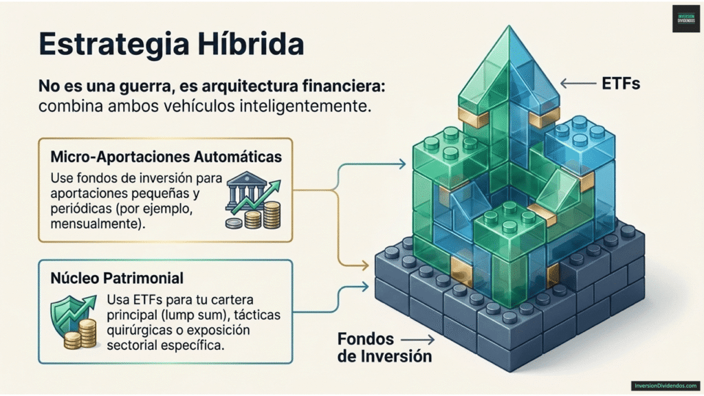 Infografía de cierre titulada 'Estrategia Híbrida' que propone una arquitectura financiera combinada. La imagen muestra una construcción de bloques tridimensionales donde los 'Fondos de Inversión' forman la base sólida de color gris, recomendados para micro-aportaciones automáticas y periódicas. Sobre esta base, bloques verdes traslúcidos representan los 'ETFs', recomendados para el núcleo patrimonial (lump sum), tácticas quirúrgicas o exposición sectorial específica. El mensaje central destaca que no es una guerra entre productos, sino una combinación inteligente para maximizar el capital final.