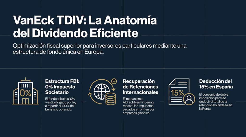Infografía técnica del ETF VanEck Dividend Leaders que detalla la estructura fiscal FBI con 0% de impuesto societario, la recuperación de retenciones internacionales y la deducción del 15% en España.