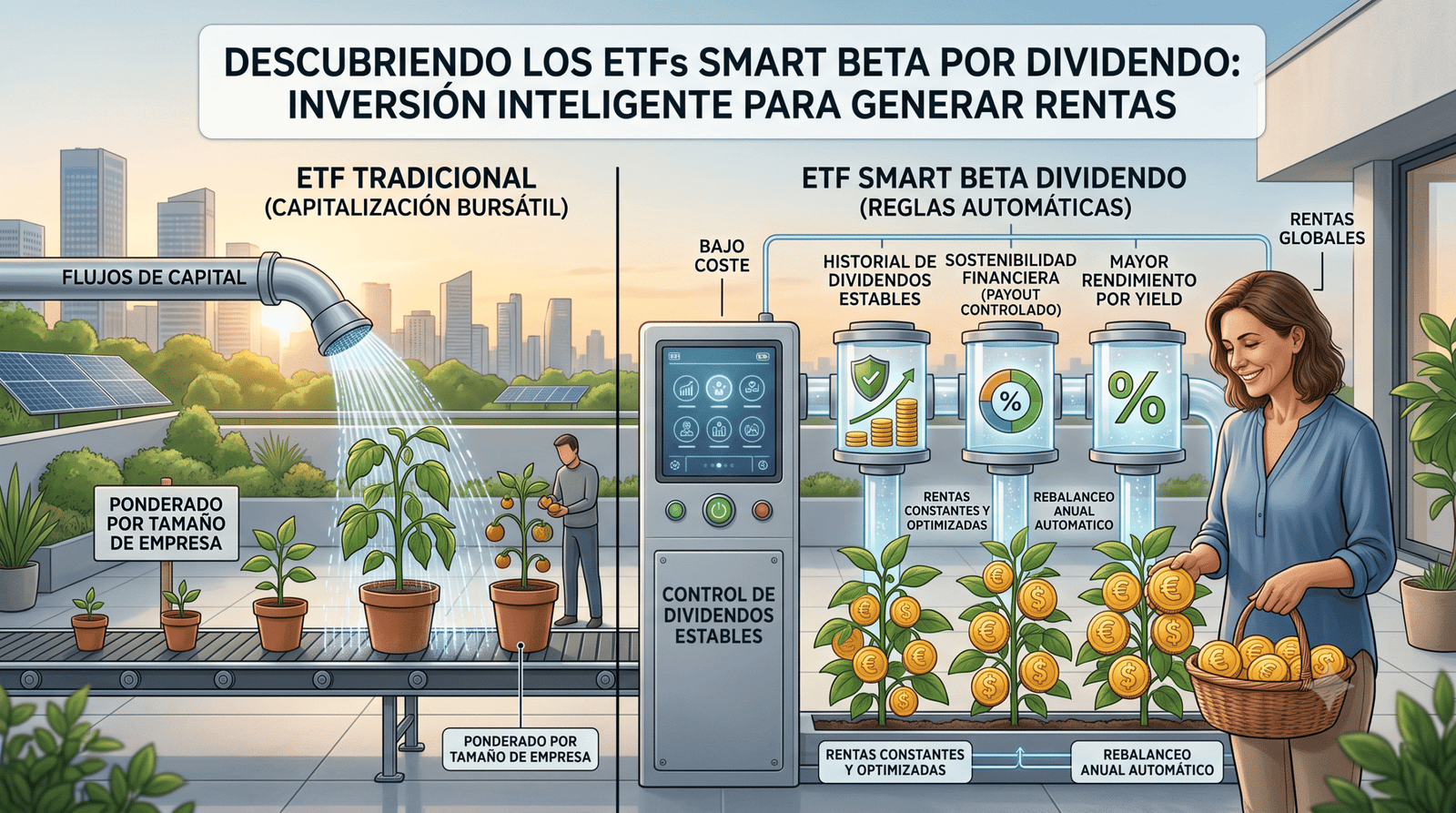 Infografía comparativa entre un ETF tradicional y un ETF Smart Beta de dividendos. A la izquierda, el modelo tradicional muestra un sistema que distribuye los flujos de capital ponderando exclusivamente por el tamaño de la empresa. A la derecha, el modelo Smart Beta ilustra un proceso automatizado que filtra las compañías mediante reglas objetivas: historial de dividendos estables, sostenibilidad financiera con payout controlado y mayor rendimiento por yield, logrando una producción optimizada de rentas recurrentes en forma de monedas.